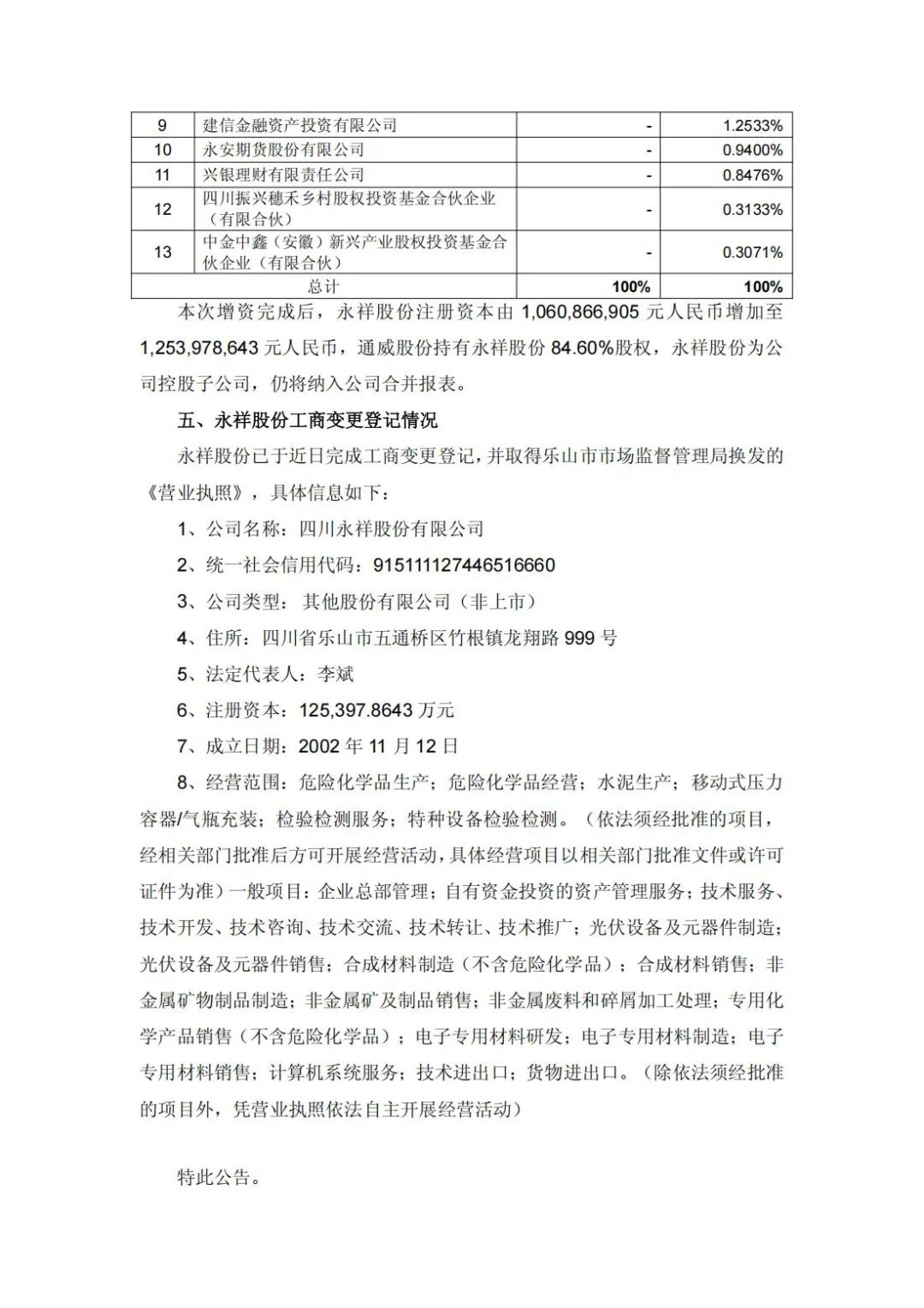 增资49亿！通威子公司永祥股份新增11家股东