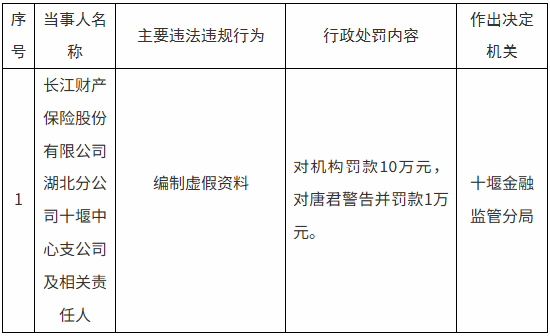 长江财险湖北分公司十堰中心支公司被罚10万元：因编制虚假资料